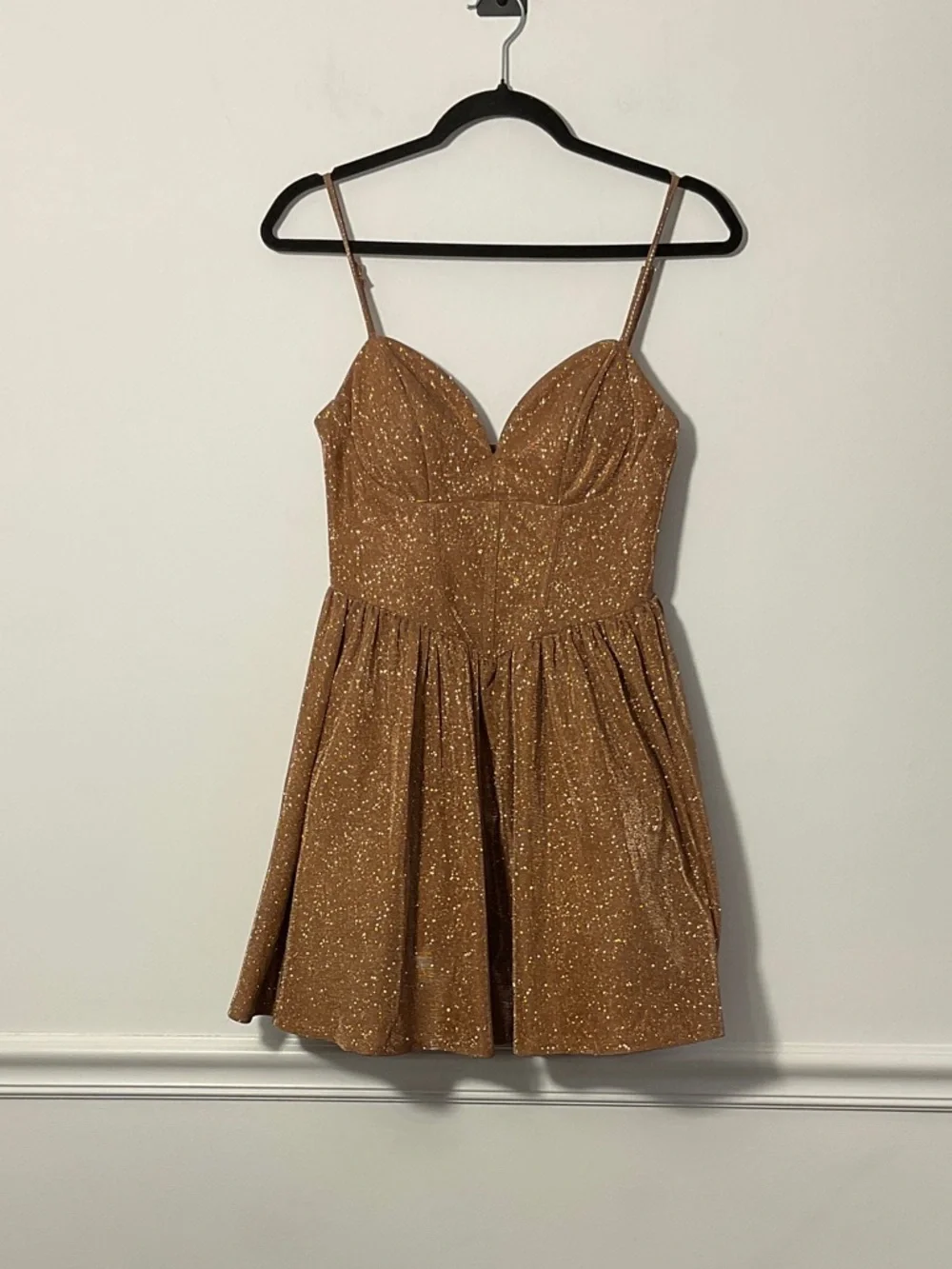 City Studio Glittery Brown Gold Spaghetti-Strap Mini Dress